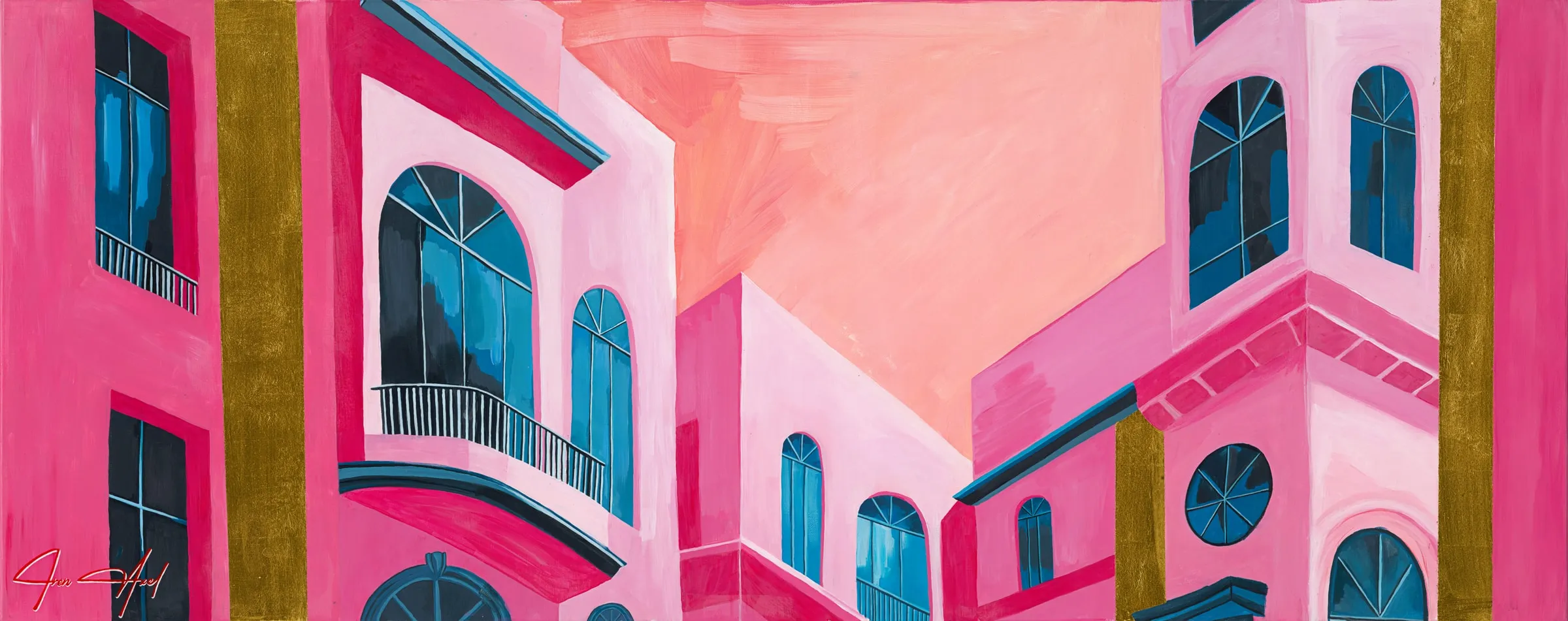 Scan of the painting: pink and white Mediterranean facades with arched blue windows and balconies under a peach sky, framed by two bands of gold leaf