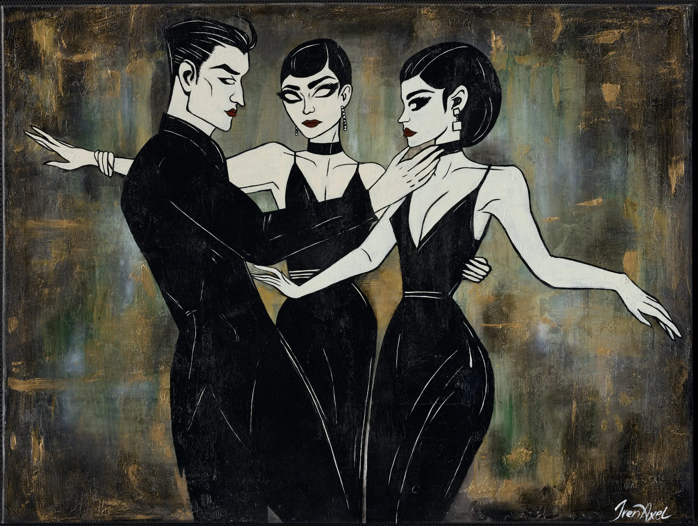 Scan of the painting: three figures in black evening wear dancing close, on a textured gold and grey ground