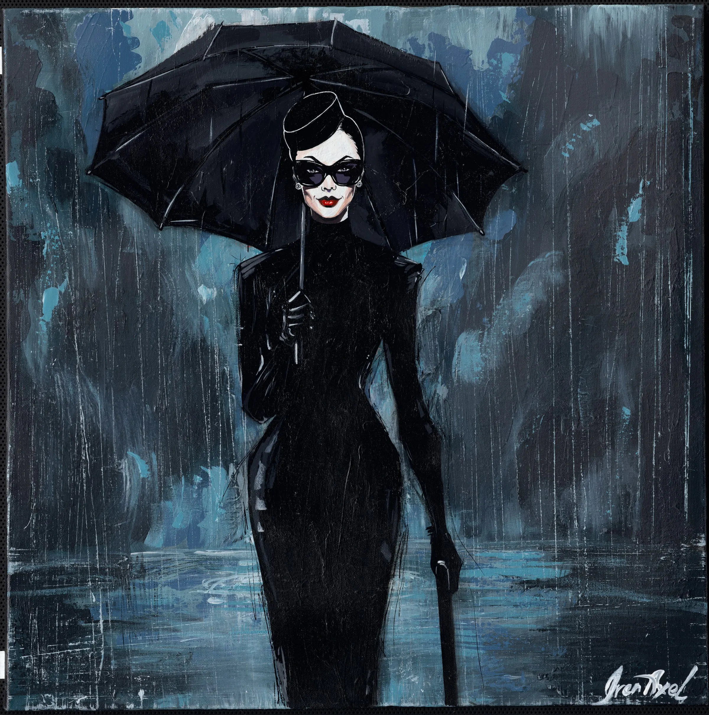 Scan of the painting: a woman in a black dress and sunglasses under a black umbrella in grey rain