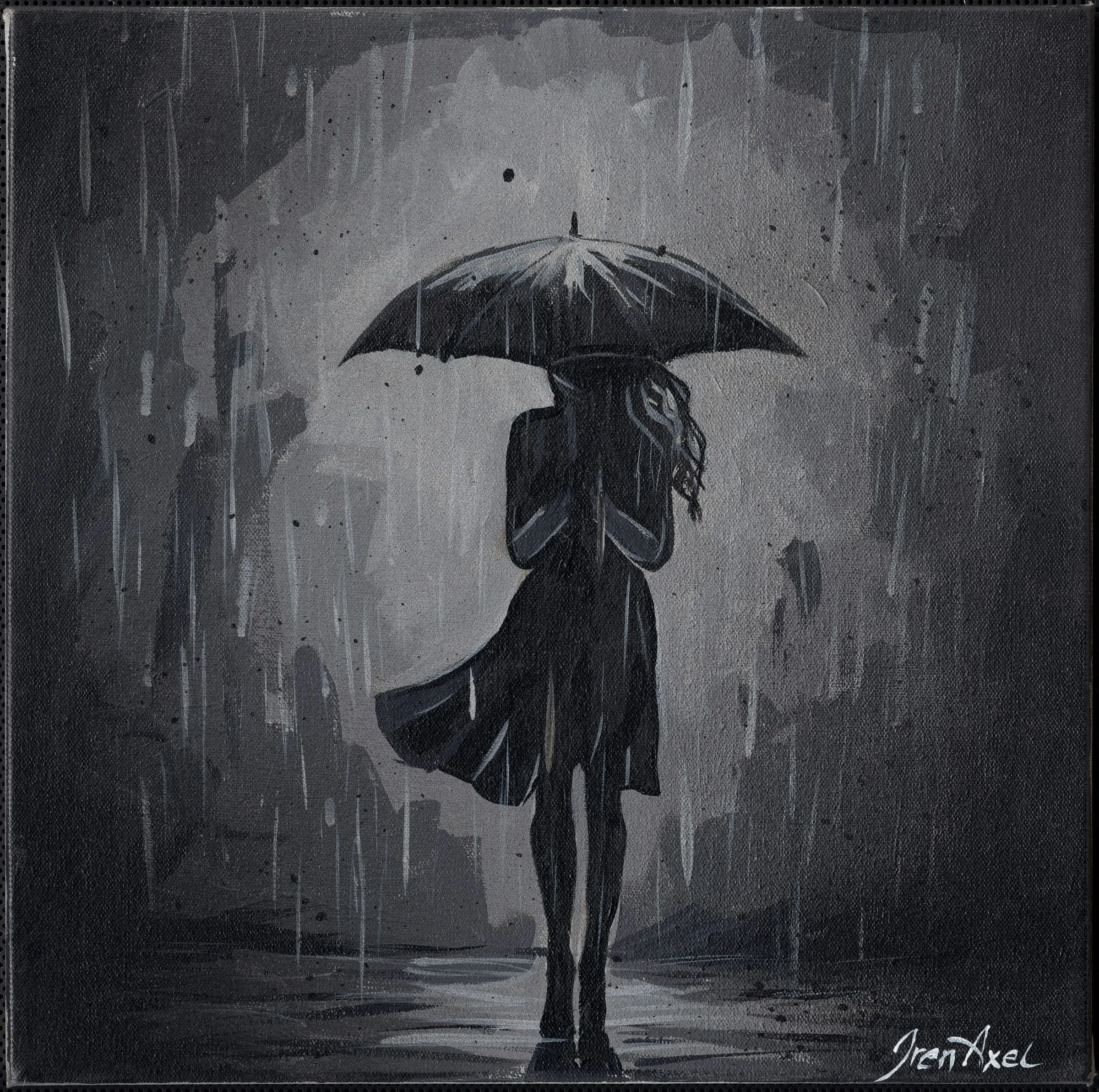 Scan of the painting: monochrome figure of a woman under an umbrella, walking away through the rain